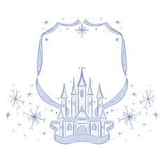 the castle is surrounded by snowflakes and sparkles in the air, with a ribbon around it