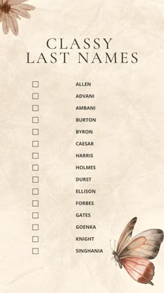 a checklist with a butterfly on it and the words classy last names below