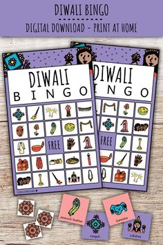 the printable diwali bingo game is displayed on a wooden table with four matching cards