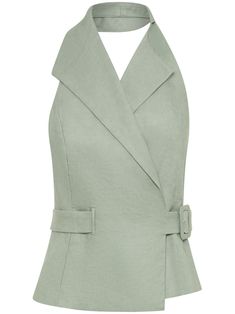 green linen/flax halterneck sleeveless notched lapels side buckle fastening open back Halter Vest, Halterneck Top, Yoko London, Water Consumption, City Dress, Halter Neck Top, Outerwear Vest, Looks Chic, Summer Beach Wear