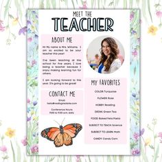 a teacher's flyer with an image of a butterfly and flowers on the background