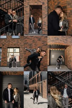 a collage of people standing in front of a brick building with stairs and railings