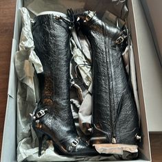 Brand New Never Wore Balenciaga Cagole Boots. They Are True To Size So If You Are A Size 6 These Are Perfect For You. Designer Boots With Buckle Closure For Party, Designer Party Boots With Buckle Closure, Luxury Silver Boots For Night Out, Luxury Silver Boots For Evening, Designer Silver Boots For Formal Occasions, Designer Boots For Galas, Luxury Silver Boots For Formal Occasions, Luxury Silver Leather Boots, Bakenciaga Boots