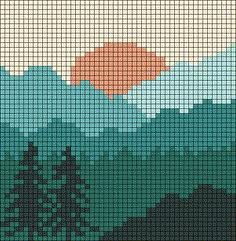 a cross - stitch pattern with trees and mountains in the background, as well as an orange sun