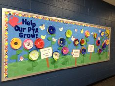 a bulletin board with flowers and butterflies on it that says help our pta grow