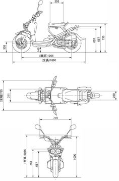 an image of a motorcycle with measurements for the front and rear wheel, side view