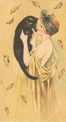 a painting of a woman holding a black cat