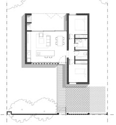 the floor plan for a modern house with two levels and an open living room area