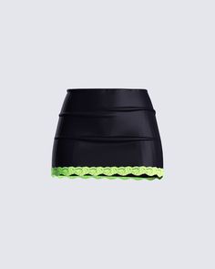 Unleash your inner vixen with this black satin mini skirt, adorned with a fierce green lace trim 💚 Designed to command attention, this skirt is your weapon of choice for owning any room. Made from a sleek satin fabric, complete with a side zipper, and fitted style 😍 Black Satin Mini Skirt, 19th Birthday Outfit, White Corset Dress, Denim Pleated Skirt, Satin Mini Skirt, Satin Cami Top, Satin Romper, Fashion Moodboard, Black Cami Top