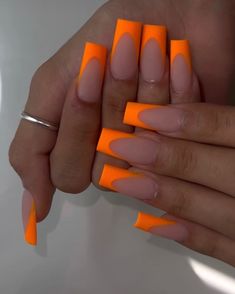 Orange Neon Acrylic Nails, Orange Medium Acrylic Nails, Orange Nails Acrylic French Tip, Long Orange French Tip Nails, Neon Acrylic Nails Square, Bright Nail Inspo Acrylic, Orange French Nails Tips, Long Neon Orange Acrylic Nails, Neon Red French Tip Nails