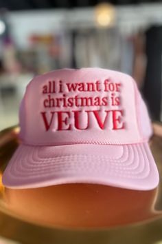 Get ready to sleigh the holiday season in style with our "ALL I WANT FOR CHRISTMAS..." trucker hat. In a playful shade of pink, this trucker hat features a snapback for the perfect fit and is embroidered with the cheeky message "All I Want for Christmas is Veuve”. Kimono Sweater, All I Want, Beanie Hats, Trucker Hat, Jumpsuit Romper, Shopping Outfit, Shoe Boots, Hats, Christmas