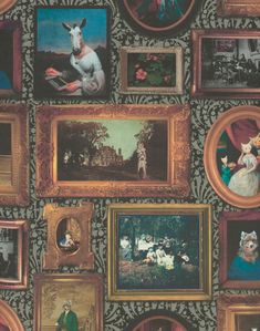 a wall covered in pictures and paintings with animals on it's sides, all framed up