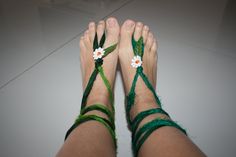 New arrival! A new series of Barefoot sandals! Recycled sari silk ribbons. Pixie Fairy Accessory. Unique. Versatile Items. One Of A Kind Wearable Art. Makes a lovely gift! Comes wrapped gift!   Ankle cuffs only. The other items are sold separately in my shop. These Barefoot sandals are in lovely green tones. Created with recycled sari silk ribbon. I like to use recycled fabric whenever possible because it reduces the amount of waste going into landfill.  Made from recycled sari silk ribbon. They are easy to put on. And very comfortable.  Put the loop around your middle toe. They tie up criss-cross fashion around your  lower legs.  These cuffs can also be used as wrist details, bracelets. You will be the only one in the world to wear this hand made felt item! Each item that I make is slight Pixie Fairy, Sari Silk Ribbon, Fairy Outfit, Fairy Accessories, Pixies Fairies, Recycled Sari Silk, Woodland Fairy, Sari Silk, Ankle Cuffs