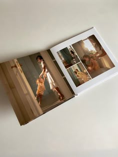 an open photo book with pictures of people in the same room and one person walking