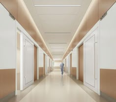 a person walking down a long hallway between two walls with doors on both sides and another door to the other side