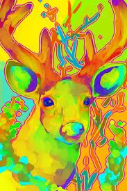 an abstract painting of a deer with antlers on it's head and colorful background