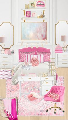 a pink and white bedroom with lots of furniture