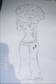 a drawing of a woman with curly hair and cross on her chest, standing in front of a white background