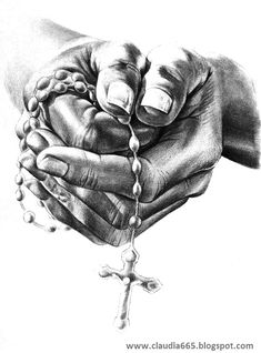 a pencil drawing of two hands holding a rosary and a crucifix cross