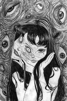 a drawing of a girl holding her face in front of an artistic background with circles