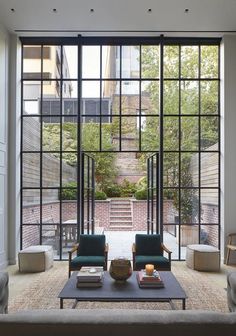 a living room with two couches and a coffee table in front of large windows