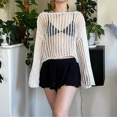 Amazingly Cute Trendy Sheer Knit Sweater With Scooped Neckline. Chunky Crochet Knit Perfect For Spring And Summer Coverups. Such A Sweet And Flattering Piece To Have In Your Wardrobe. Model Measurements: Xs/S 5’4 Height 25” Waist 34b Bust Bundles Encouraged Message Me Questions! #Top #Sheer #Y2k #Urban #Knit Netted Sweater Outfit, Summer Coverups, Crochet Mesh Sweater, Mesh Top Outfit, Sheer Knit Top, Knitted Top Outfit, White Fishnets, Knitting Patterns Free Sweater, Mesh Sweater