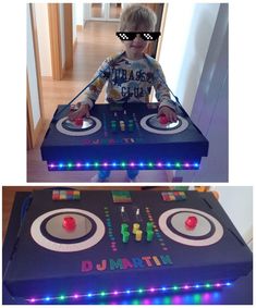 two pictures of a child playing with an electronic dj set up in the living room