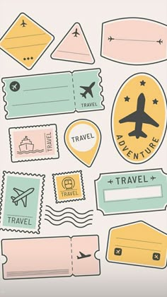 travel stickers and tags are shown in this graphic design set, with different types of luggage