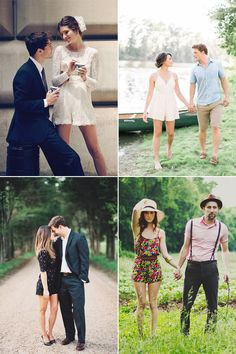 four different pictures of people walking in the grass