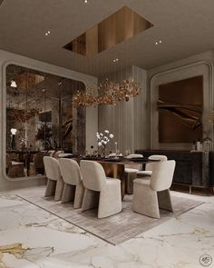 an elegant dining room with marble flooring and chandelier