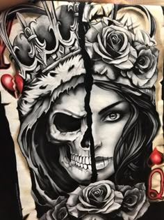 a drawing of a skull with roses and a crown on it's head is shown