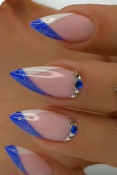 Sapphire Blue And Silver Nails, Teal Color Nails Designs, Nail Ideas Blue And Silver, Blue Sparkly Nail Designs, Nails To Match Royal Blue Dress, Nails To Match Navy Dress, Navy Gel Nails, Electric Blue Nails Design, Blue And Silver Nails