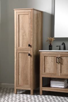 a wooden cabinet sitting next to a bathroom sink