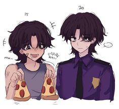 two people with pizza slices in their hands, one is wearing a shirt and the other has a tie