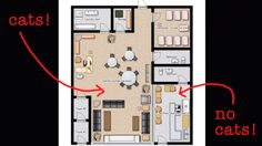 an apartment floor plan with two cats and no cats on the top right hand corner