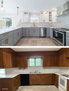 before and after pictures of a kitchen remodel with new cabinets, stove, dishwasher