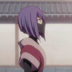 an anime character with purple hair looking at something in the distance while wearing a striped shirt