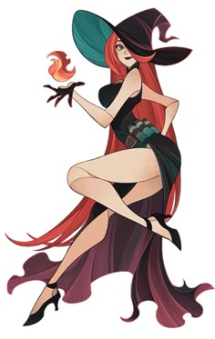 a drawing of a woman dressed as a witch with long red hair wearing a black dress and hat