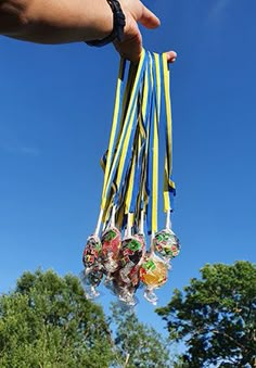 a hand is holding some colorful ribbons in front of blue sky with trees and green grass