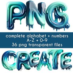 some type of font that is blue and green with the letters png, dn,