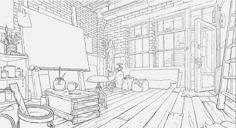 a black and white drawing of a living room