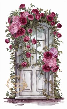 an open door with pink flowers on it