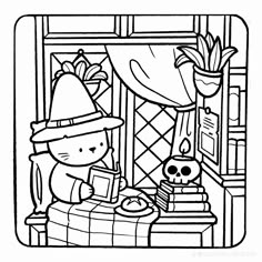 a black and white drawing of a cat with a skull in front of a window