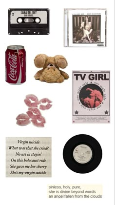 various items are arranged in the shape of a collage with an old record, cd, and teddy bear