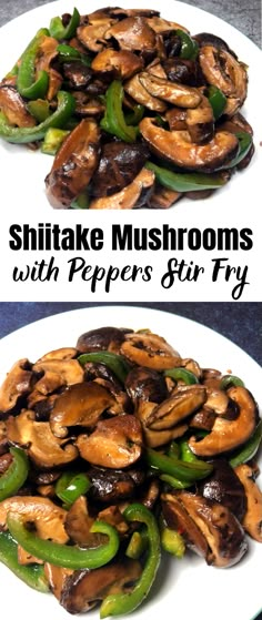 shiitake mushrooms with peppers stir fry on a white plate