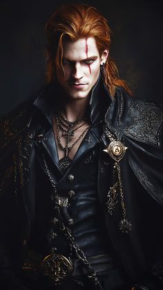 a man with red hair wearing a black coat and chain around his neck is staring at the camera