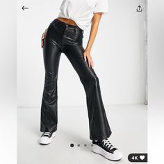 Pull&Bear High Waisted Faux Leather Flared Black Pants Flared Skinny Fit Brand New With Tags Never Worn! Bought From Asos Black Lether, Flare Black Pants, Spaghetti Strap Rompers, Pull And Bear, Green Cargo Pants, Tailored Shorts, Flowy Pants, High Waisted Flares, Reclaimed Vintage