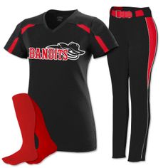 a women's baseball uniform with red and black pants