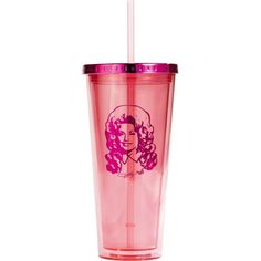 a pink plastic cup with a straw in the shape of a woman's head