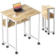 two small tables with one open laptop on top